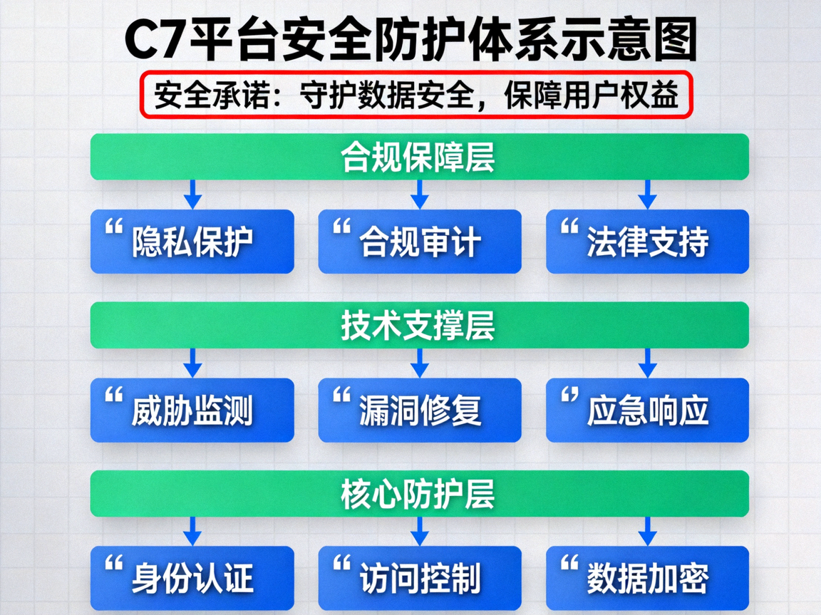 C7平台多层次安全防护体系示意图，包含数据加密、防火墙和实时监控等元素