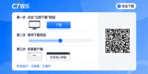 C7娱乐客户端下载界面截图，展示安全下载步骤