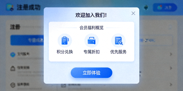 第五步：注册成功提示页面，显示欢迎信息和会员福利概览
