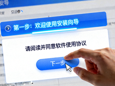 展示安装向导界面和用户点击下一步的示意图