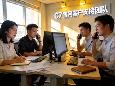 C7官网客户支持团队工作场景，展示专业与专注的服务态度