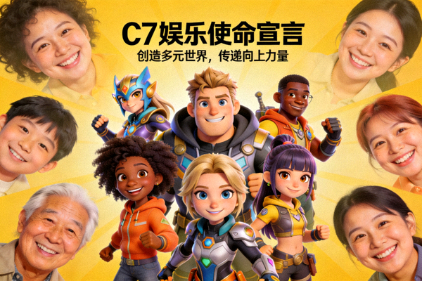 C7娱乐使命宣言视觉图 - 展示多元化、积极向上的游戏角色与用户笑脸