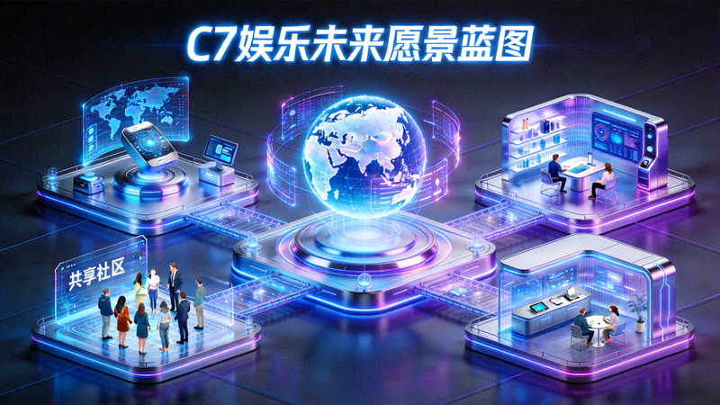 C7娱乐未来愿景蓝图概念图，展示科技、全球与社区融合的未来场景