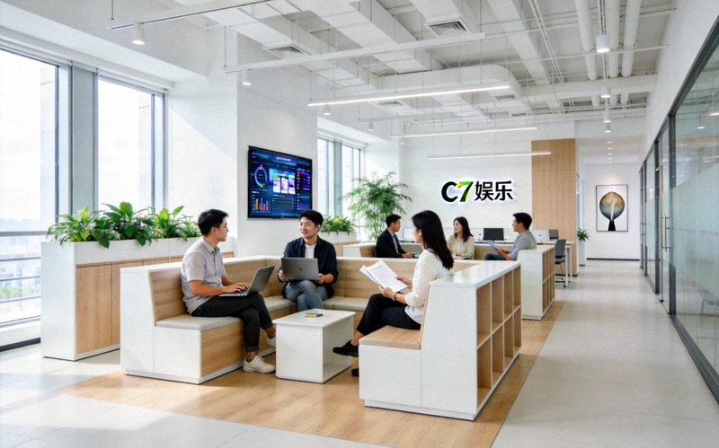 C7娱乐现代化开放式办公室内景，员工在协作区进行轻松交流