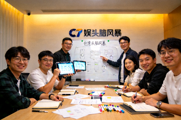 C7娱乐研发与产品团队在会议室进行创意头脑风暴的场景