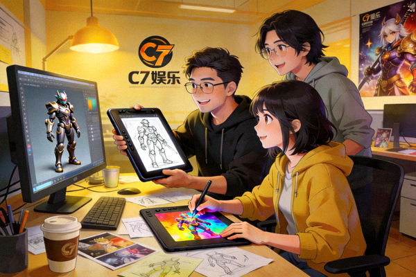 C7娱乐游戏设计师与美术师在工作室协作设计新游戏角色的画面
